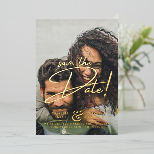 GOLD FOIL Text Photo Overlay Save the Date Modern (Standing Front)