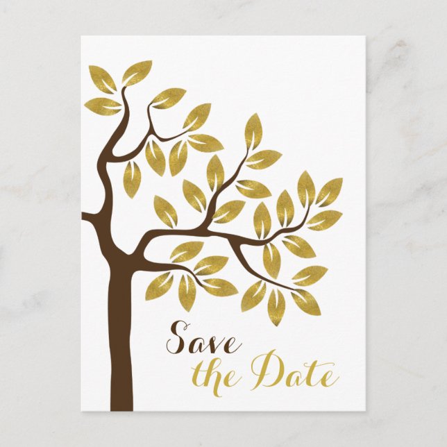 Gold foil tree modern wedding Save the Date Announcement Postcard (Front)