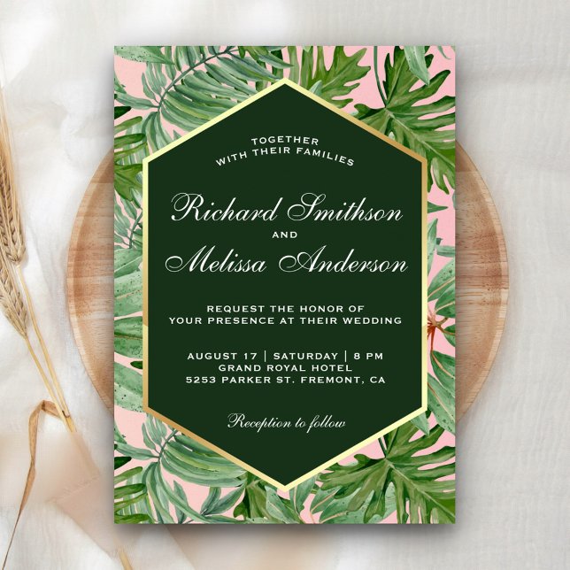 Gold Foil Tropical Green Leaves Wedding Invitation (Creator Uploaded)