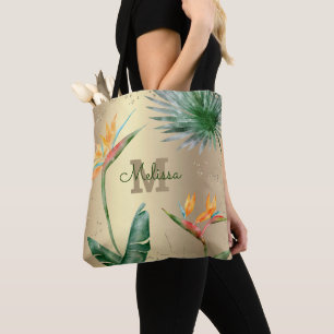Gold Foil Tropical Island Floral Monogram Script Tote Bag