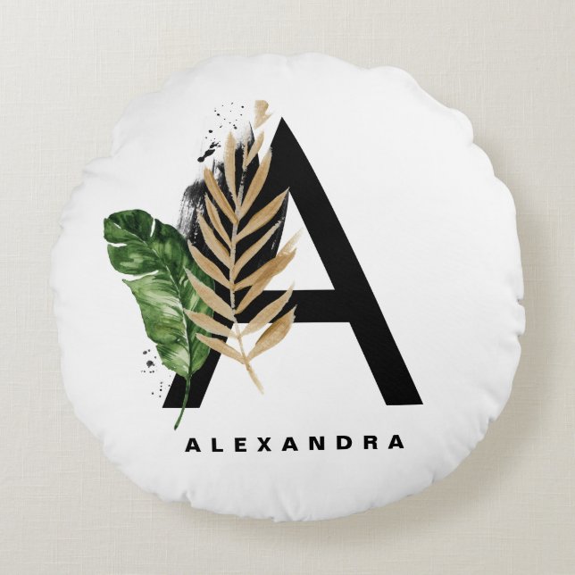 Gold Foil Tropical Letter A Monogram Personalized Round Pillow (Front)