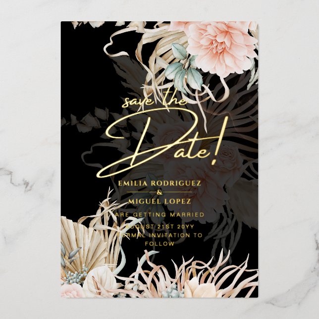 Gold Foil Tropical Pampas Grass Wedding Save Date (Front)