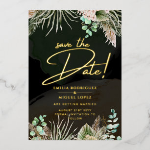 Gold Foil Tropical Pampas Grass Wedding Save Date