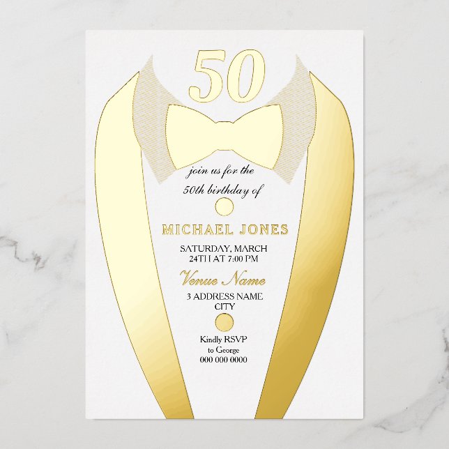 Gold Foil Tuxedo Suit Mens 50th Birthday Party (Front)