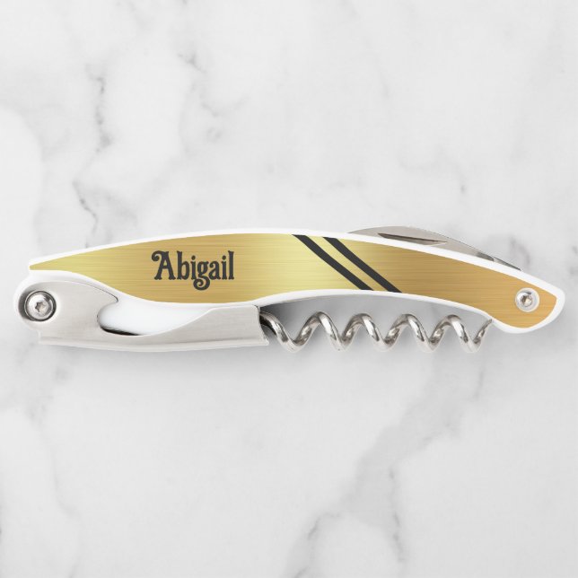Gold Foil Two Black Accent Stripes Personalized   Corkscrew (Front)