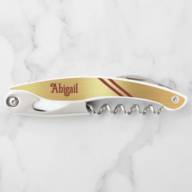 Gold Foil Two Maroon Accent Stripes Personalized Corkscrew (Front)