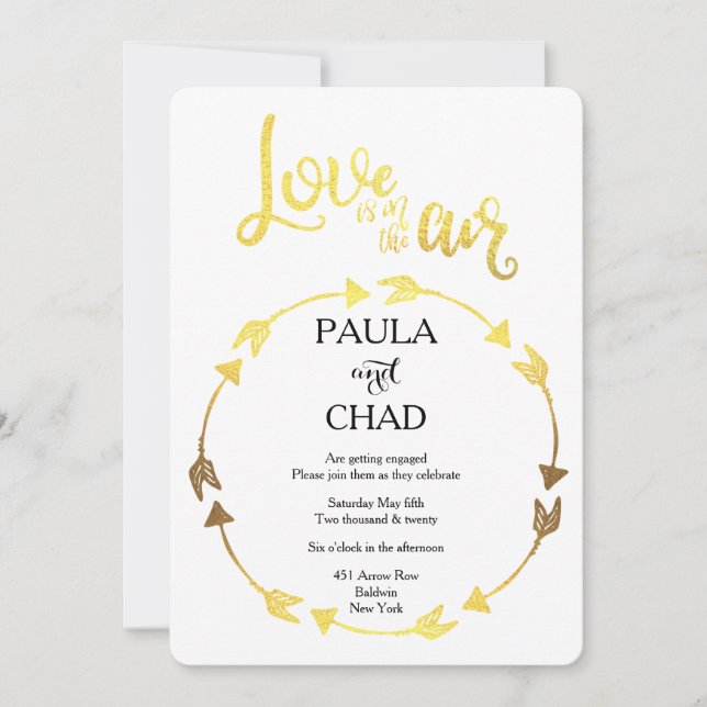 Gold Foil Typography Heart Wreath Engagement Invitation (Front)