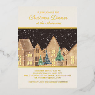 Gold Foil Vintage House Village Christmas Dinner Foil Holiday Card