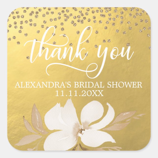 Gold Foil Watercolor Bridal Shower Thank You Square Sticker (Front)