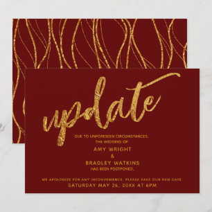 Gold Foil Waves Postponed Wedding Burgundy Card