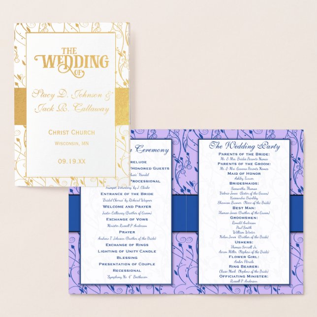 Gold Foil WEDDING PROGRAM Blue and Lilac Card (Display)