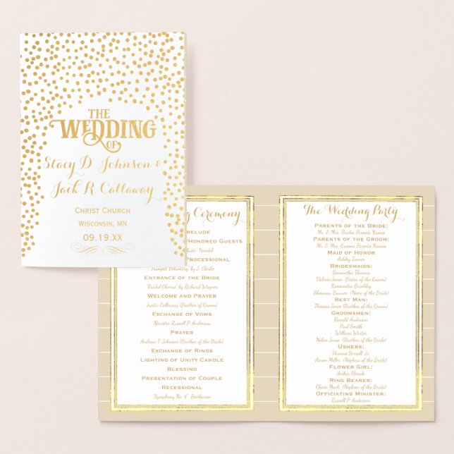 Gold Foil WEDDING PROGRAM Confetti Typography Card (Display)