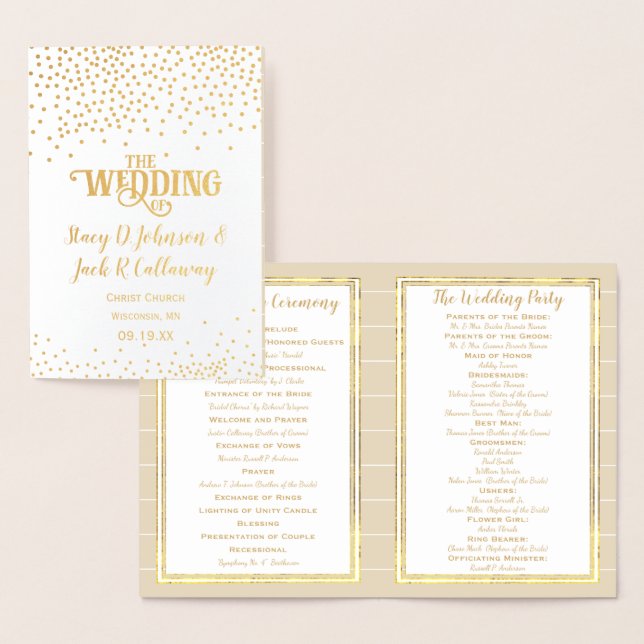 Gold Foil WEDDING PROGRAM Confetti Typography Card (Display)