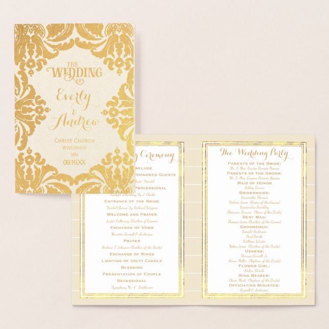 Gold Foil WEDDING PROGRAM Large Damask Foil Card (Display)