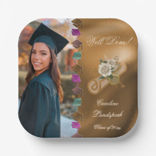 Gold Foil White Flowers, Graduate Photo Paper Plate