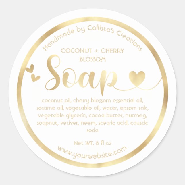 Gold Foil White Hearts Border Handmade Soap Classic Round Sticker (Front)