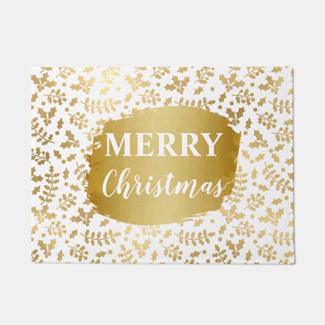 Gold Foil & White Holly Winter Christmas Doormat (Front)