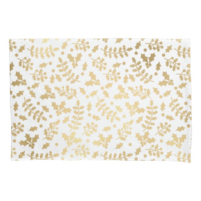 Gold Foil & White Holly Winter Christmas Pillowcase (Front)