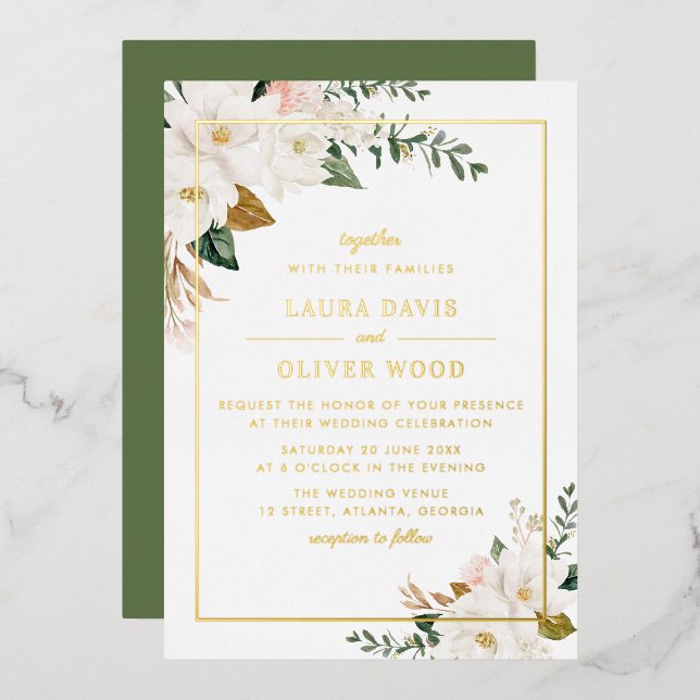 Gold Foil white magnolia floral wedding invitation (Front/Back)