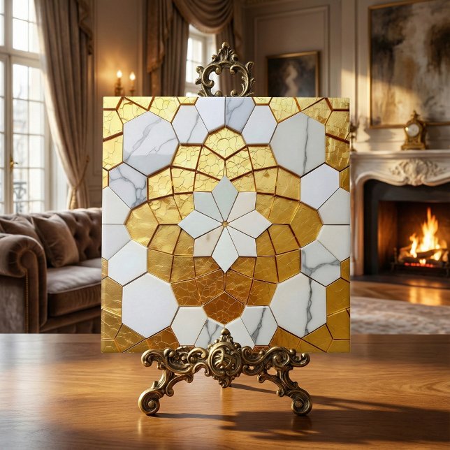 Gold Foil & White Marble Geometric Mosaic Art Deco Tile (Creator Uploaded)