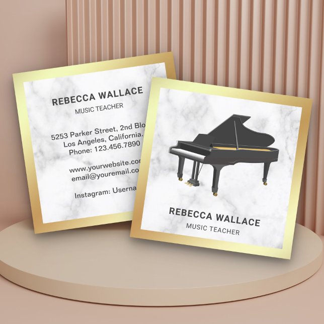 Gold Foil White Marble Grand Piano Teacher Pianist Square Business Card (Creator Uploaded)