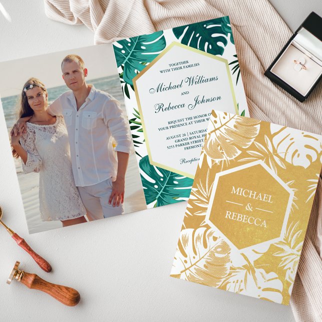 Gold Foil White Monstera Turquoise Faire-part de m (Créateur téléchargé)