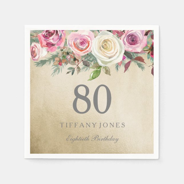 Gold Foil White Pink Rose 80th Birthday Napkin (Front)