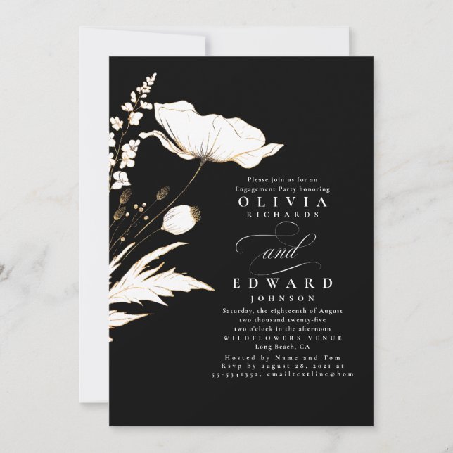 Gold Foil Wildflowers Black Engagement Party Invitation (Front)