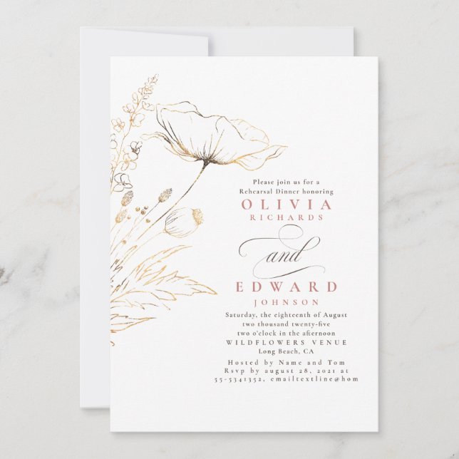 Gold Foil Wildflowers Dusty Pink Rehearsal Dinner Invitation (Front)