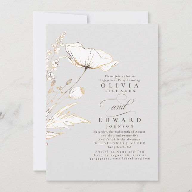 Gold Foil Wildflowers Light Grey Engagement Party Invitation (Front)