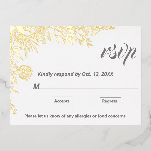 Gold Foil Wildflowers Wedding RSVP  Foil Holiday Postcard (Front)