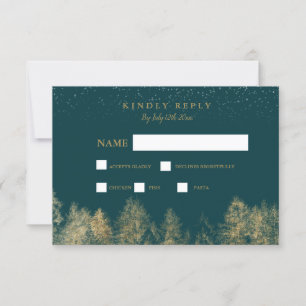 Gold foil Winter snow green pine tree rsvp wedding