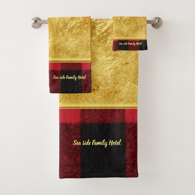 Gold foil with Flannel red and black Buffalo Plaid Bath Towel Set (Insitu)