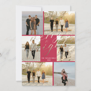 Gold Foil with Pink Plaid Merry and Bright Holiday Card