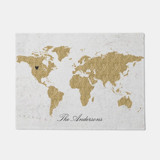 Gold Foil World Map Custom Moveable Heart Location Doormat (Front)