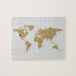 Gold Foil World Map Custom Moveable Heart Location Jigsaw Puzzle