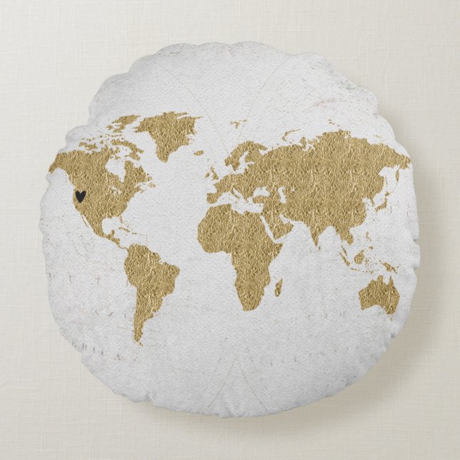 Gold Foil World Map Custom Moveable Heart Location Round Pillow (Front)