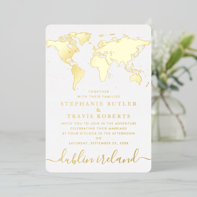 Gold Foil World Map Destination Wedding (Standing Front)