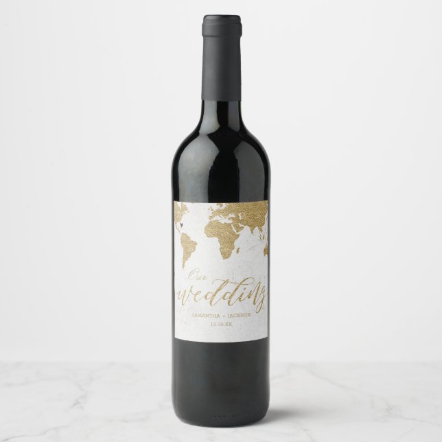 Gold Foil World Map Destination Wedding Monogram Wine Label (Front)