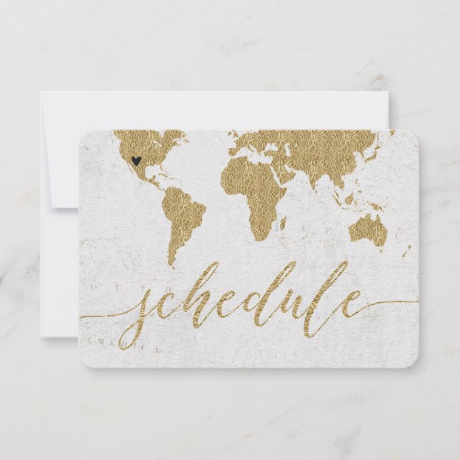 Gold Foil World Map Destination Wedding Schedule Invitation (Front)