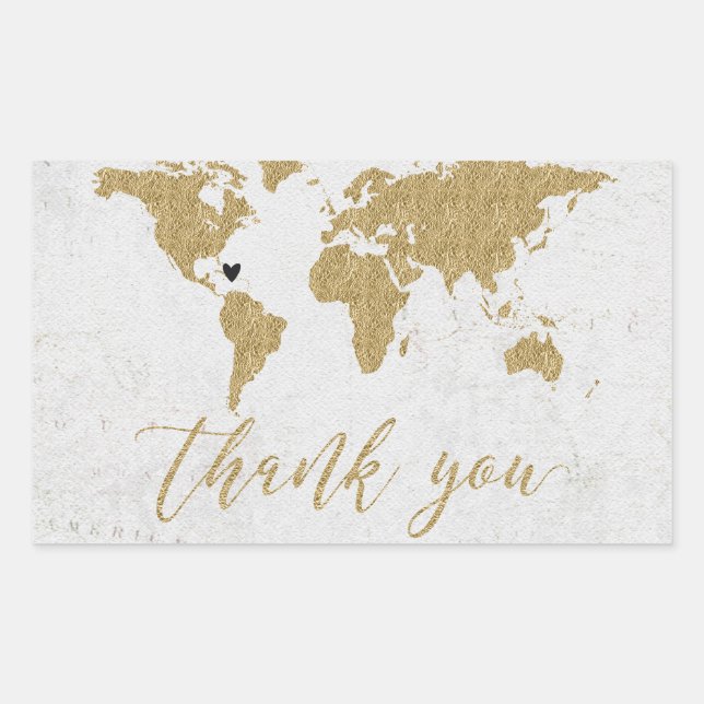 Gold Foil World Map Destination Wedding Thank You Sticker (Front)