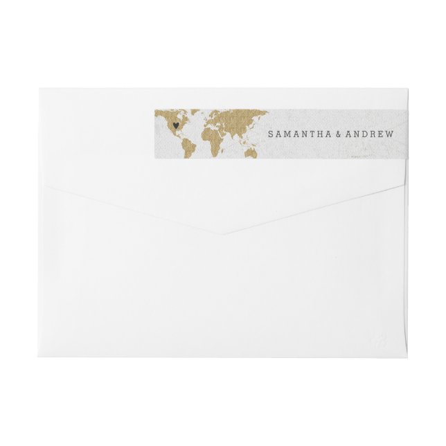 Gold Foil World Map Destination Wedding Wrap Around Label (Back)