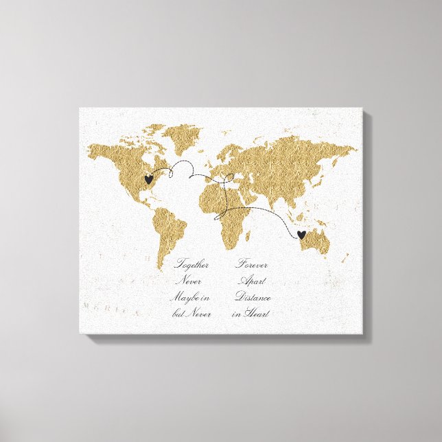 Gold Foil World Map Long Distance Relationship Canvas Print (Front)