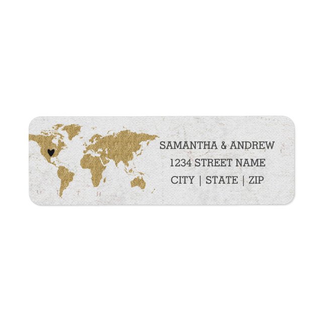 Gold Foil World Map Wedding Return Address (Front)