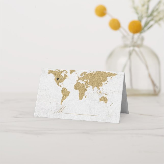 Gold Foil World Map Wedding Table Seating Place Card (Front)