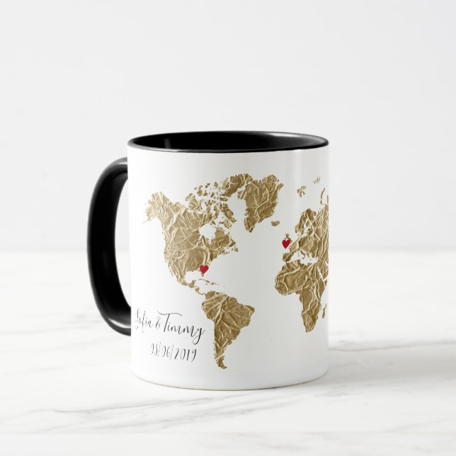 Gold Foil World Map with removable hearts couples Mug (Front Left)