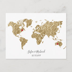 Gold Foil World Map with removable hearts couples Postcard