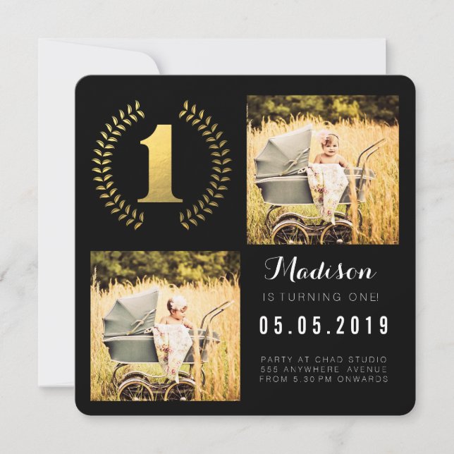 Gold Foil Wreath 1er anniversaire Cartes photos (Devant)