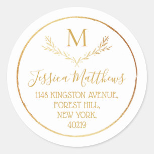 Gold Foil Wreath Custom Monogram Return Address Classic Round Sticker