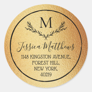 Gold Foil & Wreath Custom Monogram Return Address Classic Round Sticker